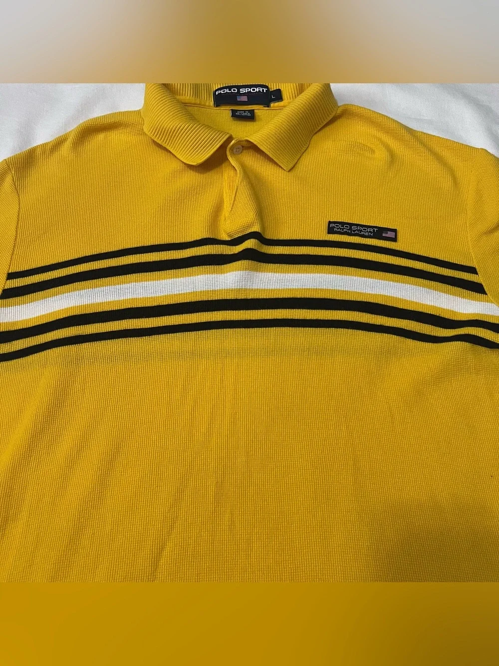 Vintage Polo Sport Ralph Lauren Yellow Stripe Waffle Knit Polo L Preppy Y2K